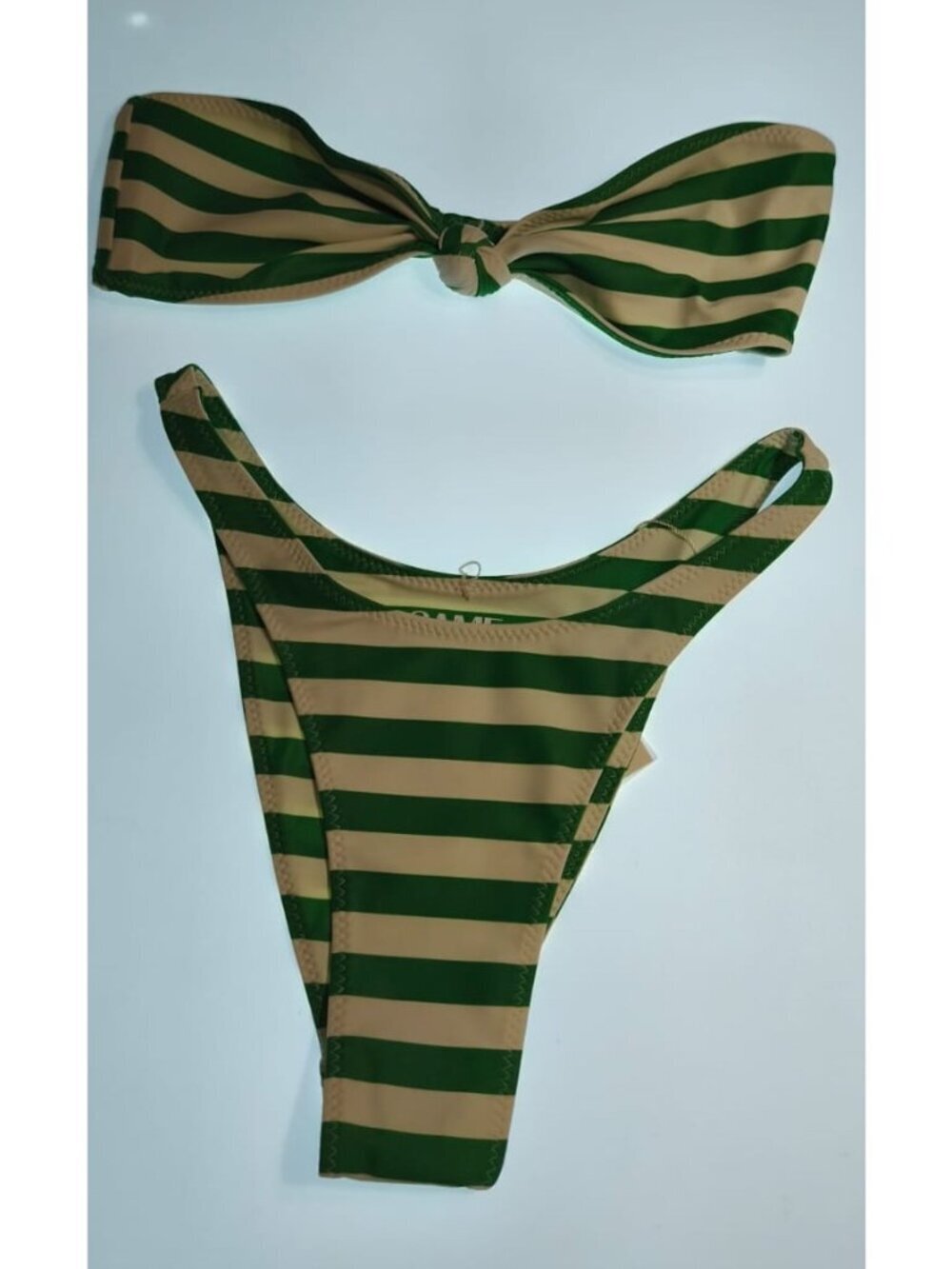 SAME Los Angeles Swim Bikini Set Top Strapples Bottom 90's Small Stripped Green